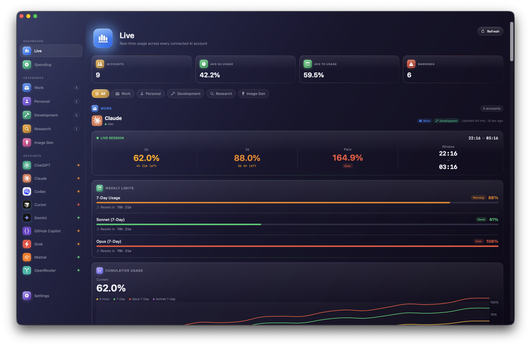 AIStats menu bar showing live token and cost stats