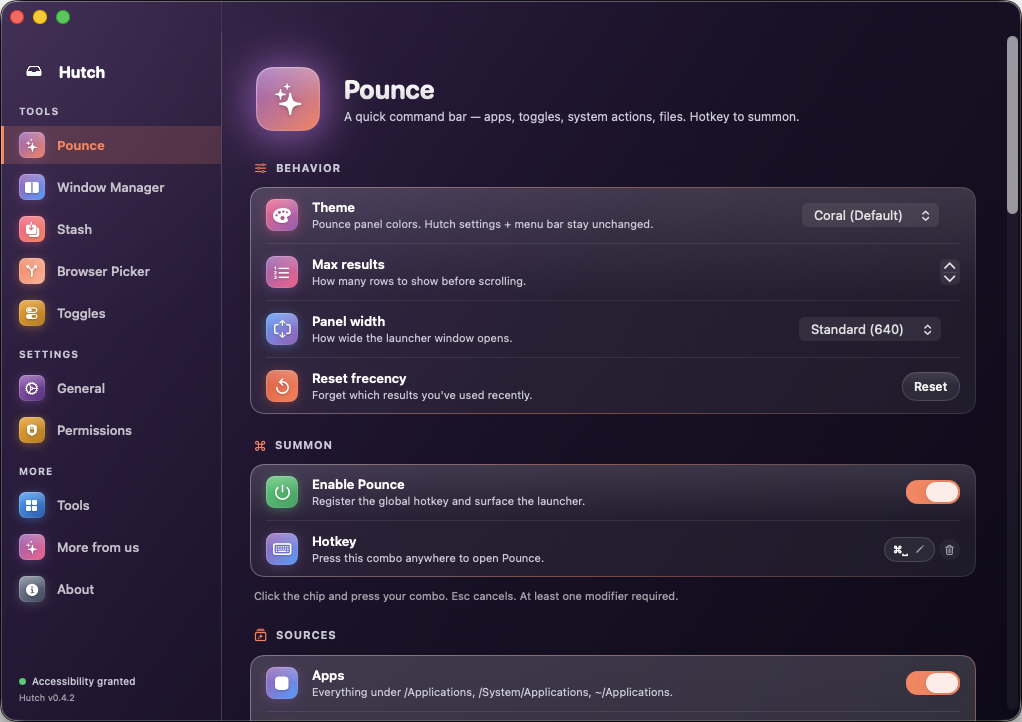Hutch — Pounce command bar settings
