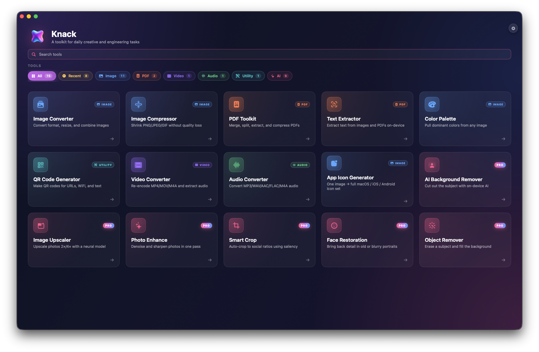 Knack home dashboard showing 20 native Mac tools