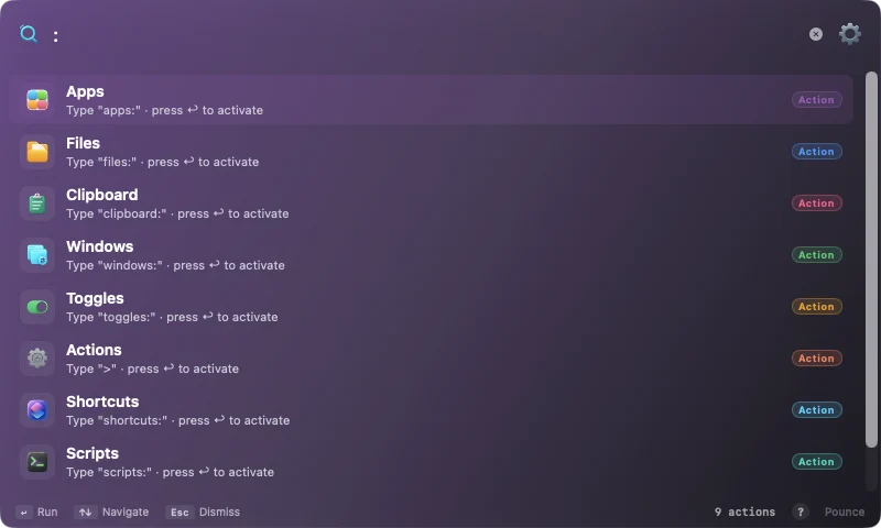 Hutch's Pounce launcher listing its search scopes: Apps, Files, Clipboard, Windows, Toggles, Actions, Shortcuts and Scripts.